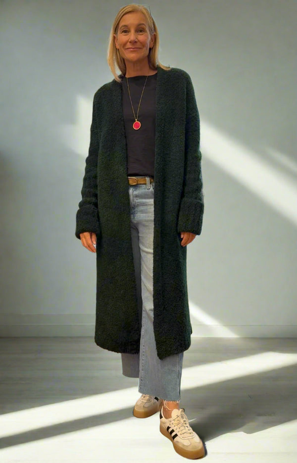 Overdyed Forest Green XLong Bouclé Cardigan
