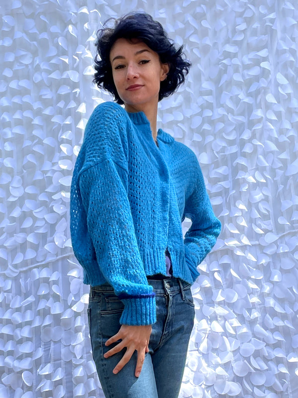 Starry Pointelle Cropped Cardigan - Azure Blue