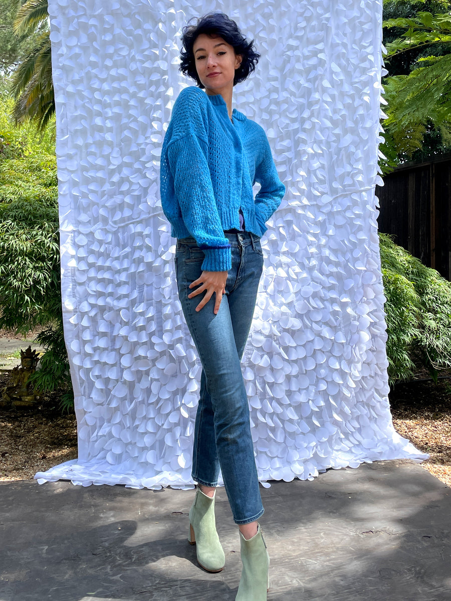Starry Pointelle Cropped Cardigan - Azure Blue