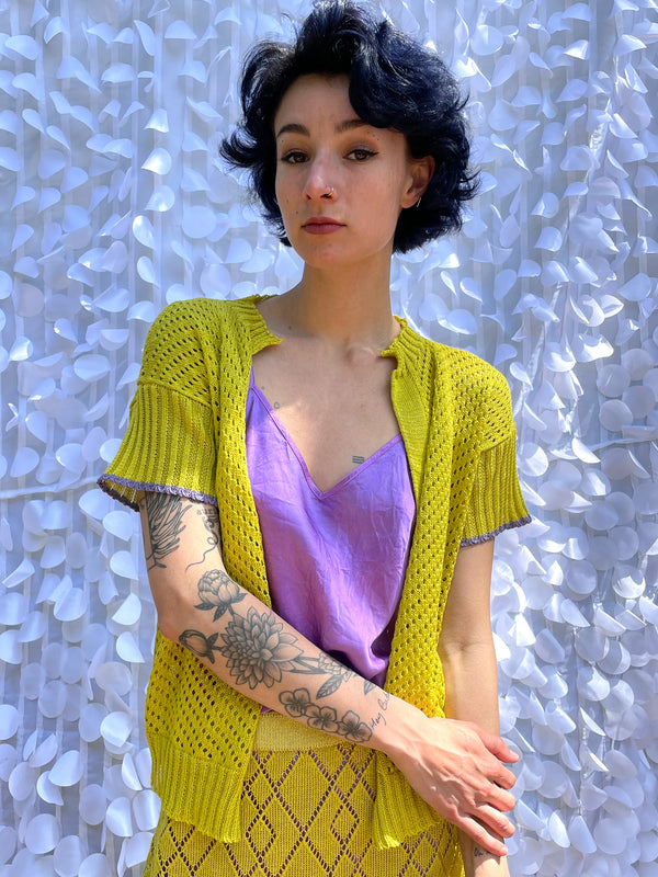 Short Sleeve Starry Pointelle Cardigan- Yellow