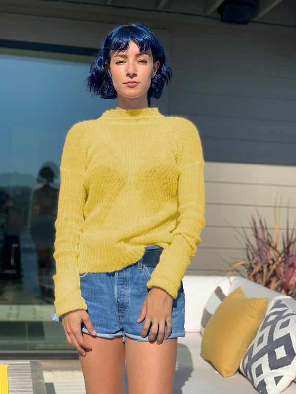 Sheer Bias Design Cashmere Rib Sweater - Yellow